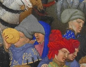 Personagens do mês de janeiro dos Très Riches Heures du duc de Berry às vezes identificados com os Irmãos de Limbourg.
